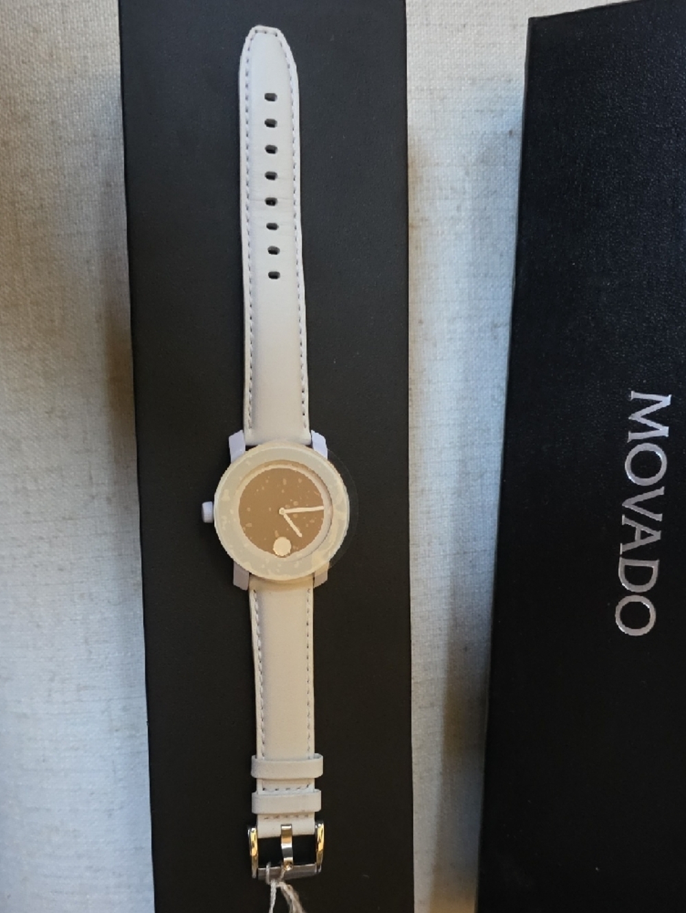 Movado Bold White Leather Strap Watch with Black Dial - Picture 4 of 7